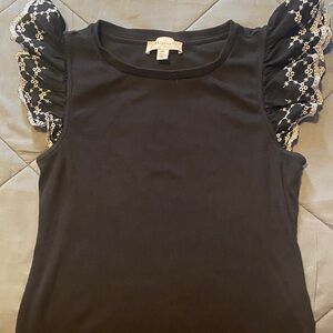 Anthropologie Black Top with Lace Ruffled Sleeves